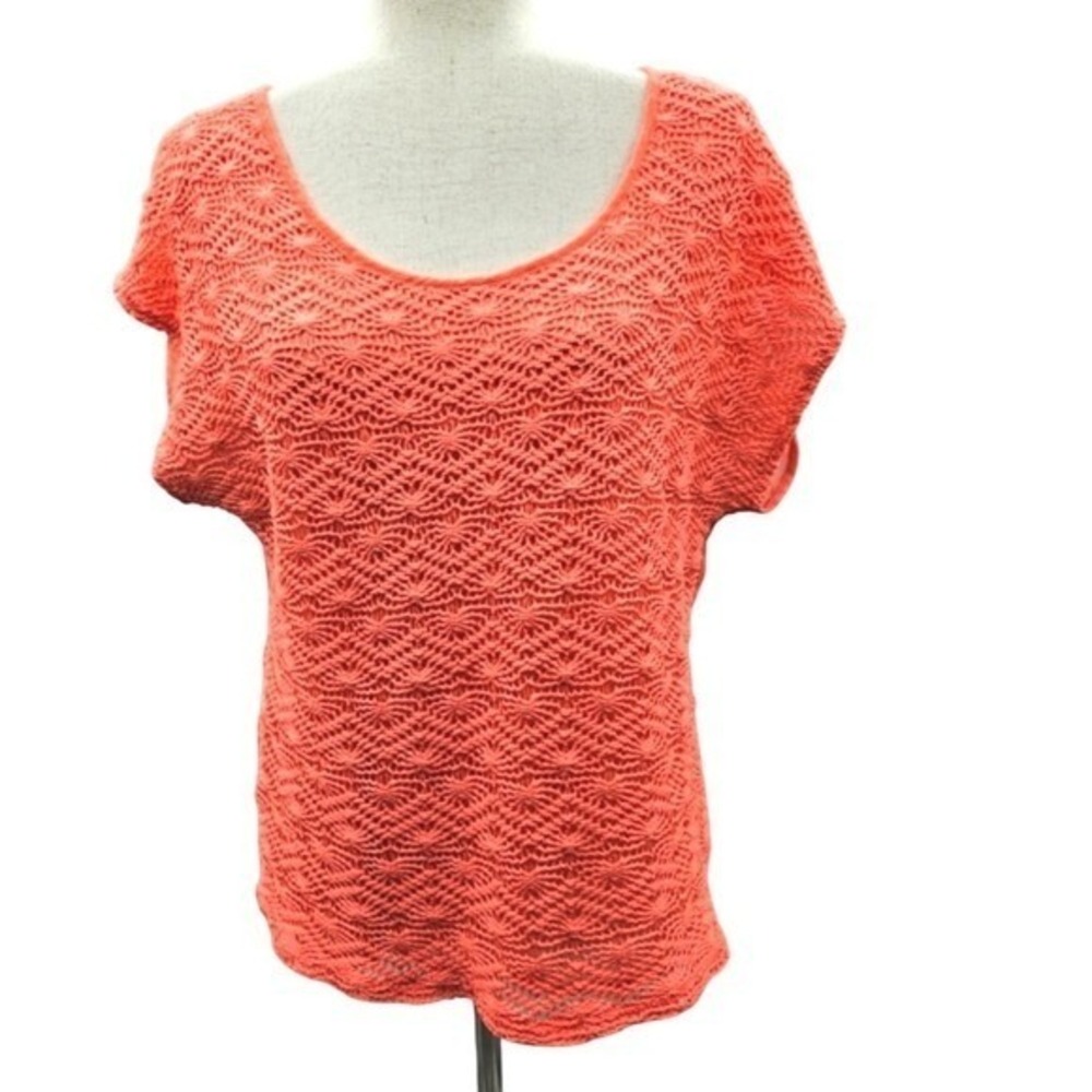 Bongo Womens Orange Crochet Lace Front Short Sleeve High Low Top XL Runs Small